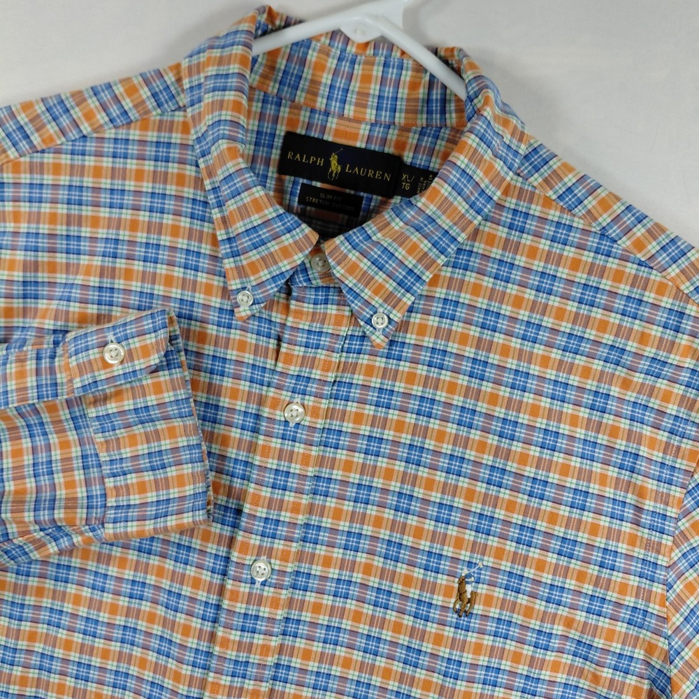 Ralph Lauren Mens XL Slim Fit Stretch Oxford Shirt Orange Blue Plaid Long Sleeve